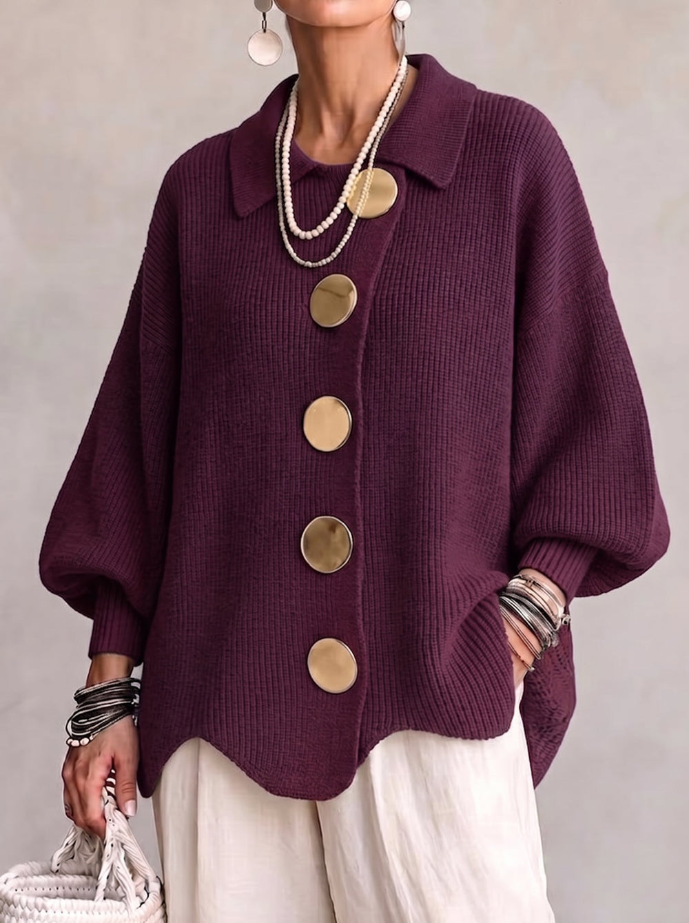 Thessaly wine colored collared cardigan with statement buttons, close-up