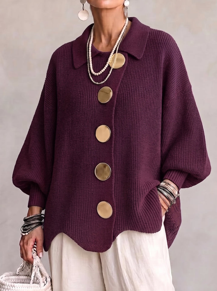 Thessaly wine colored collared cardigan with statement buttons, close-up