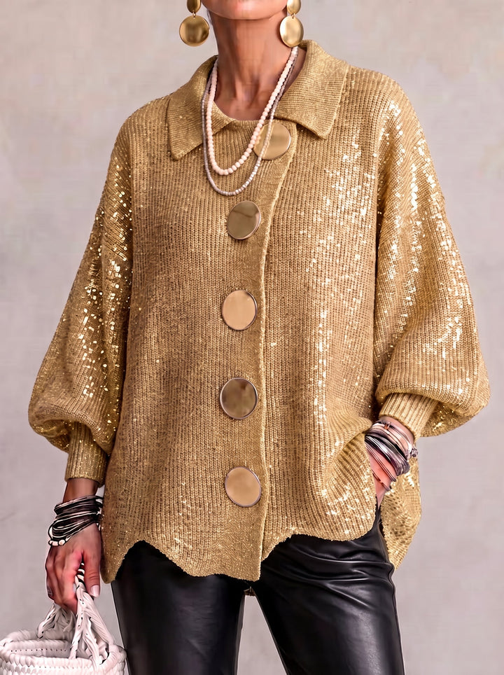 Thessaly gold sequined collared cardigan with lantern sleeves, front view
