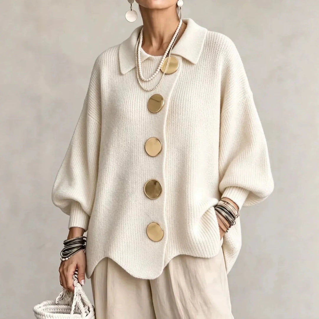 Thessaly cream oversized cardigan with scalloped hem, front view