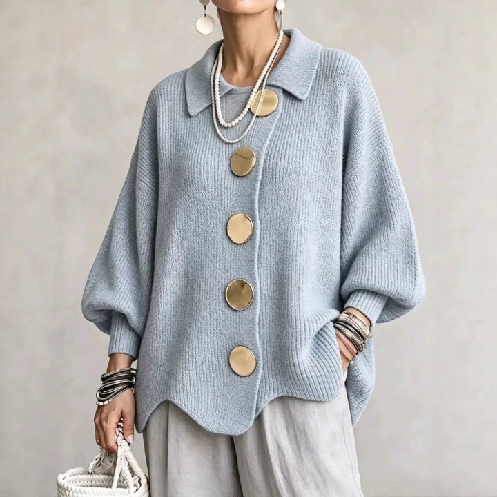 Thessaly cream oversized cardigan with scalloped hem, front view