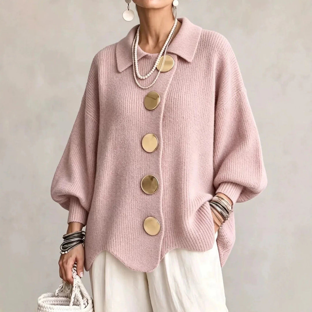 Thessaly cream oversized cardigan with scalloped hem, front view