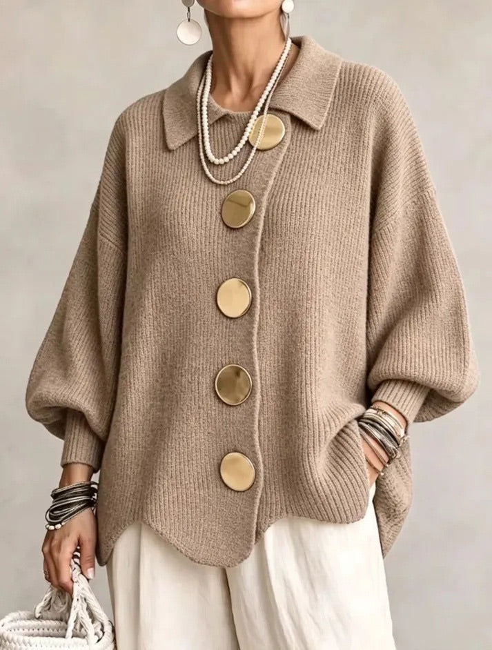 Thessaly cream oversized cardigan with scalloped hem, front view