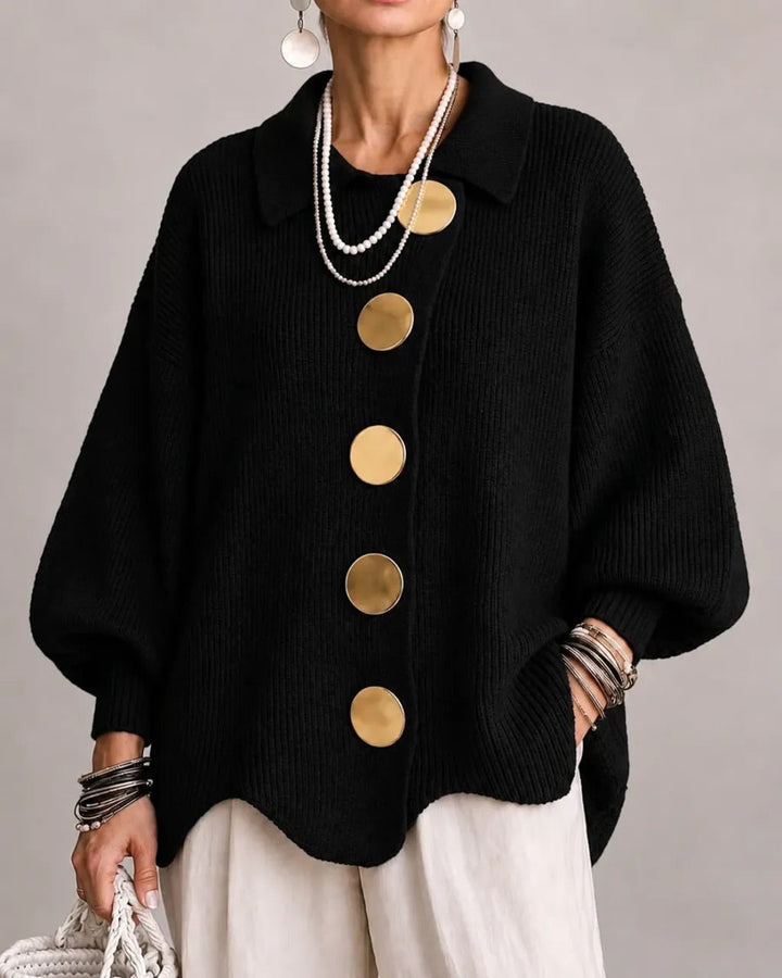 Thessaly cream oversized cardigan with scalloped hem, front view