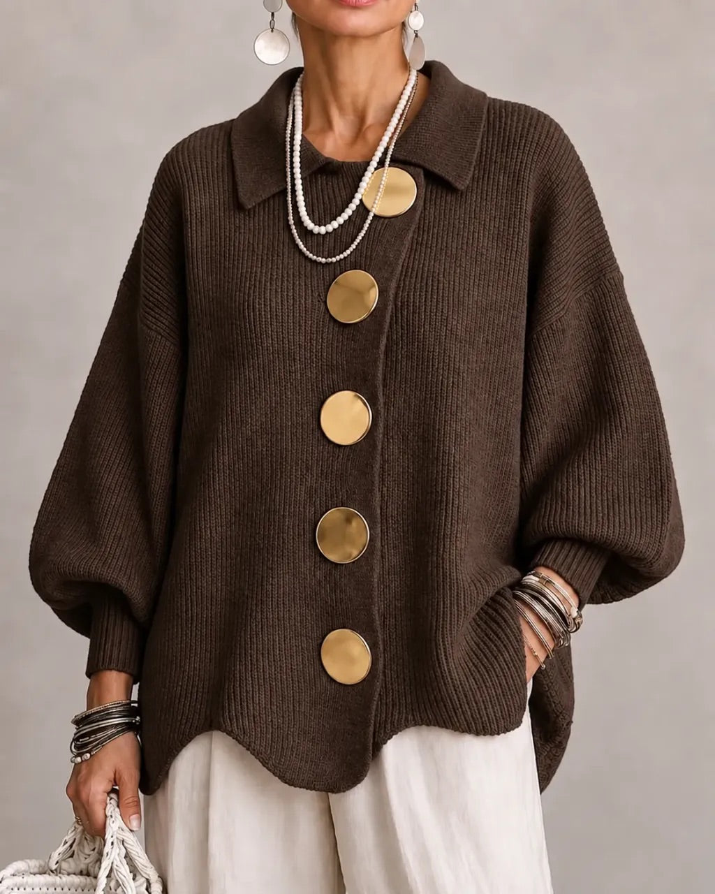 Thessaly cream oversized cardigan with scalloped hem, front view
