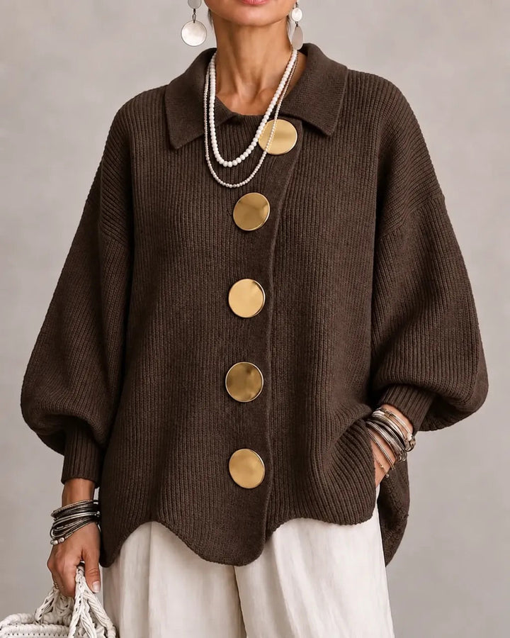 Thessaly cream oversized cardigan with scalloped hem, front view