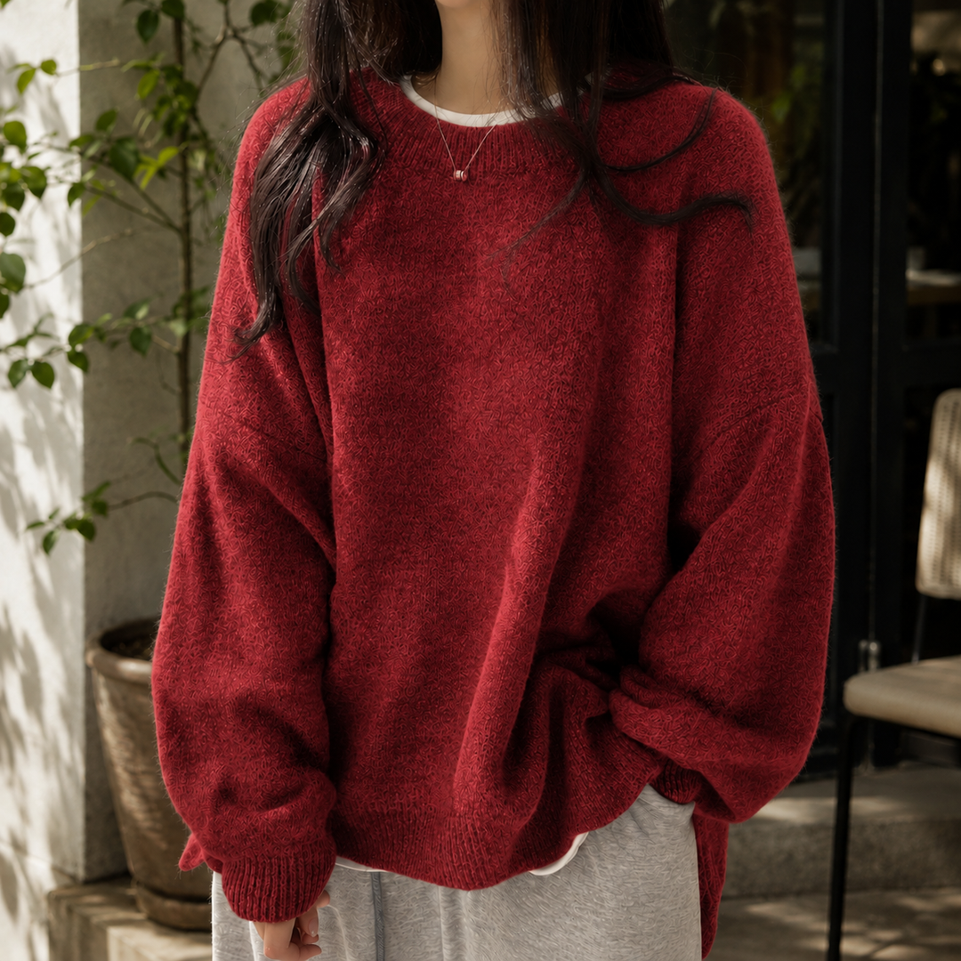 Marcelline oversized fluffy crew neck sweater in red, front view