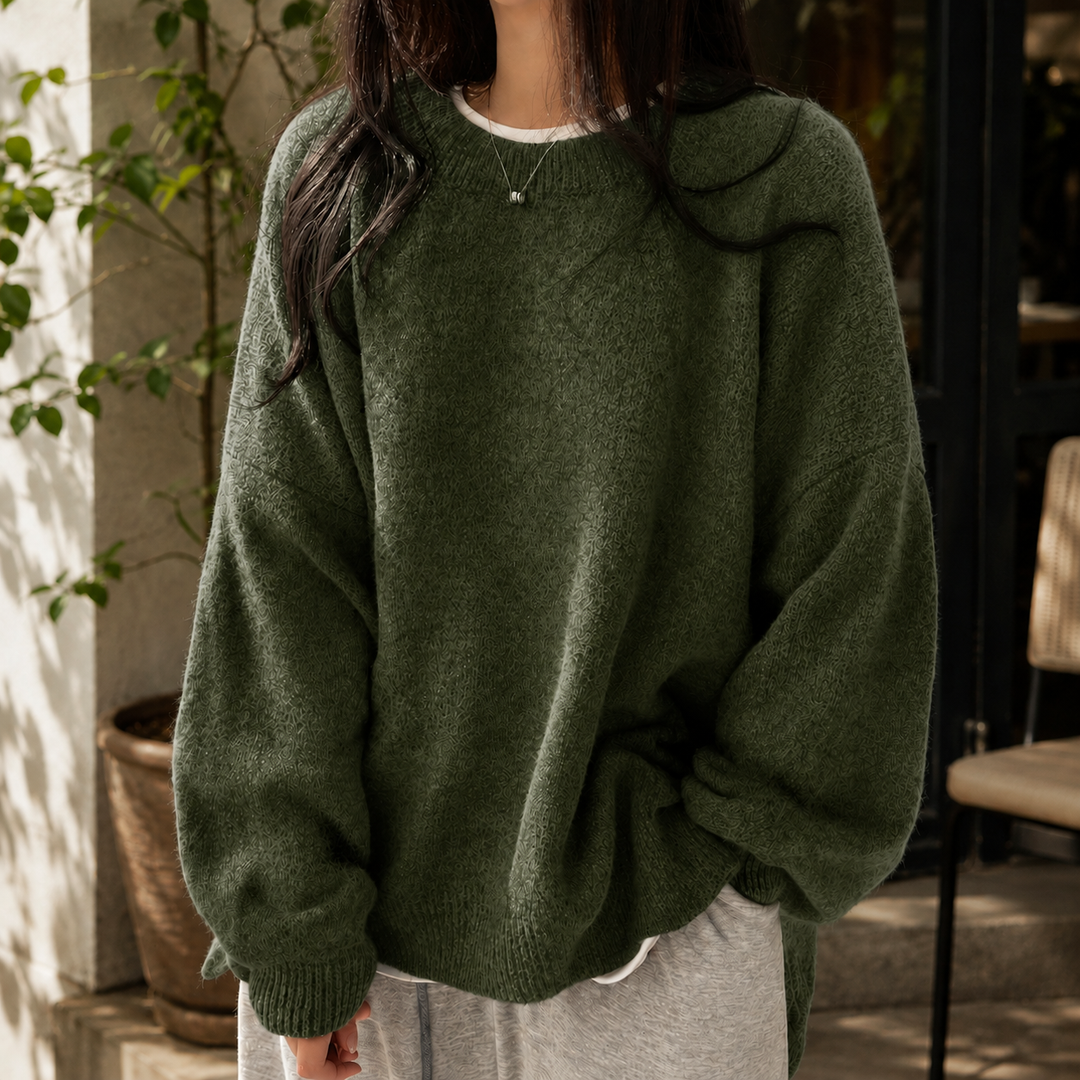 Marcelline oversized fluffy crew neck sweater in green, front view