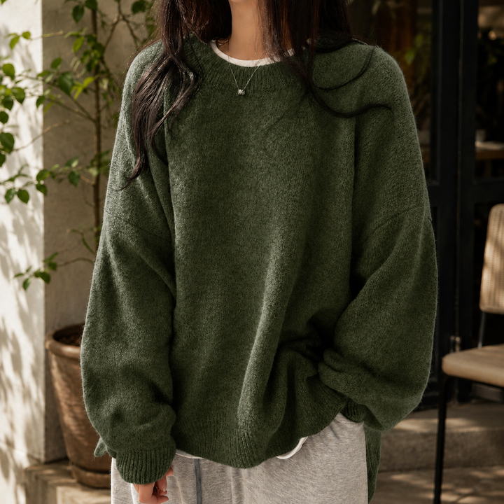 Marcelline oversized fluffy crew neck sweater in green, front view