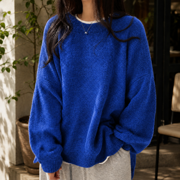 Marcelline oversized fluffy crew neck sweater in green, front view