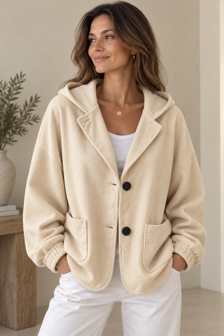 Marguerite oversized hooded corduroy jacket in cream, front view