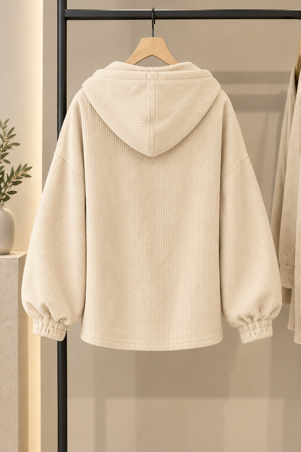 Marguerite oversized hooded corduroy jacket in olive green, front view