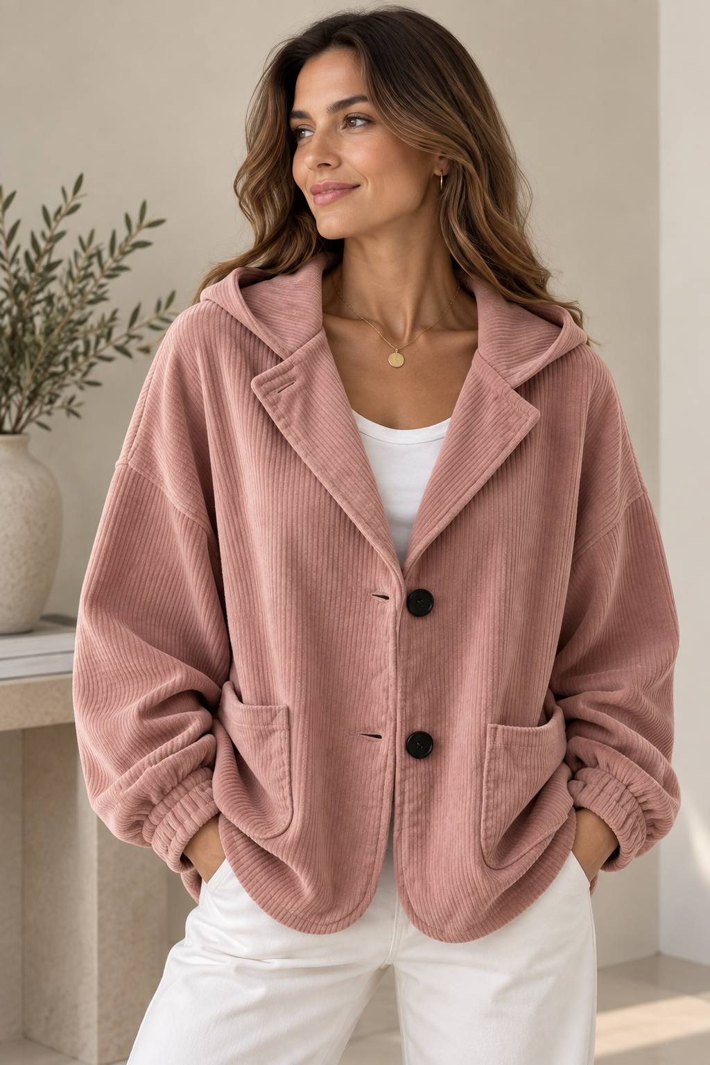 Marguerite oversized hooded corduroy jacket in pink, front view