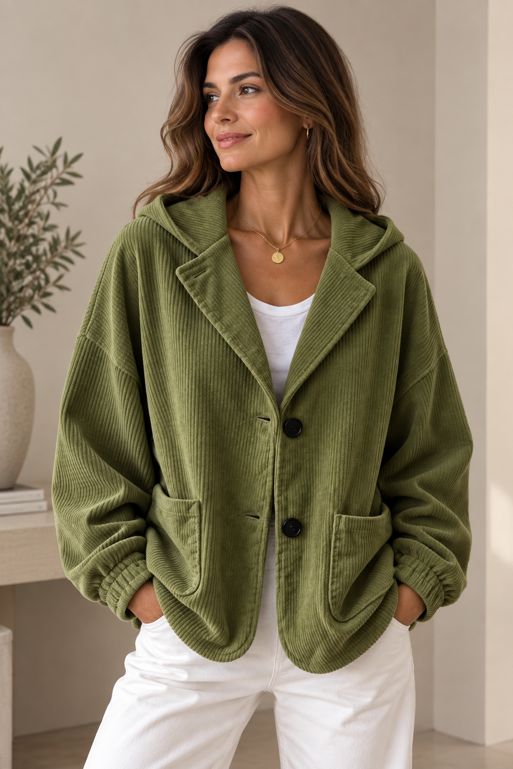 Marguerite oversized hooded corduroy jacket in olive green, front view