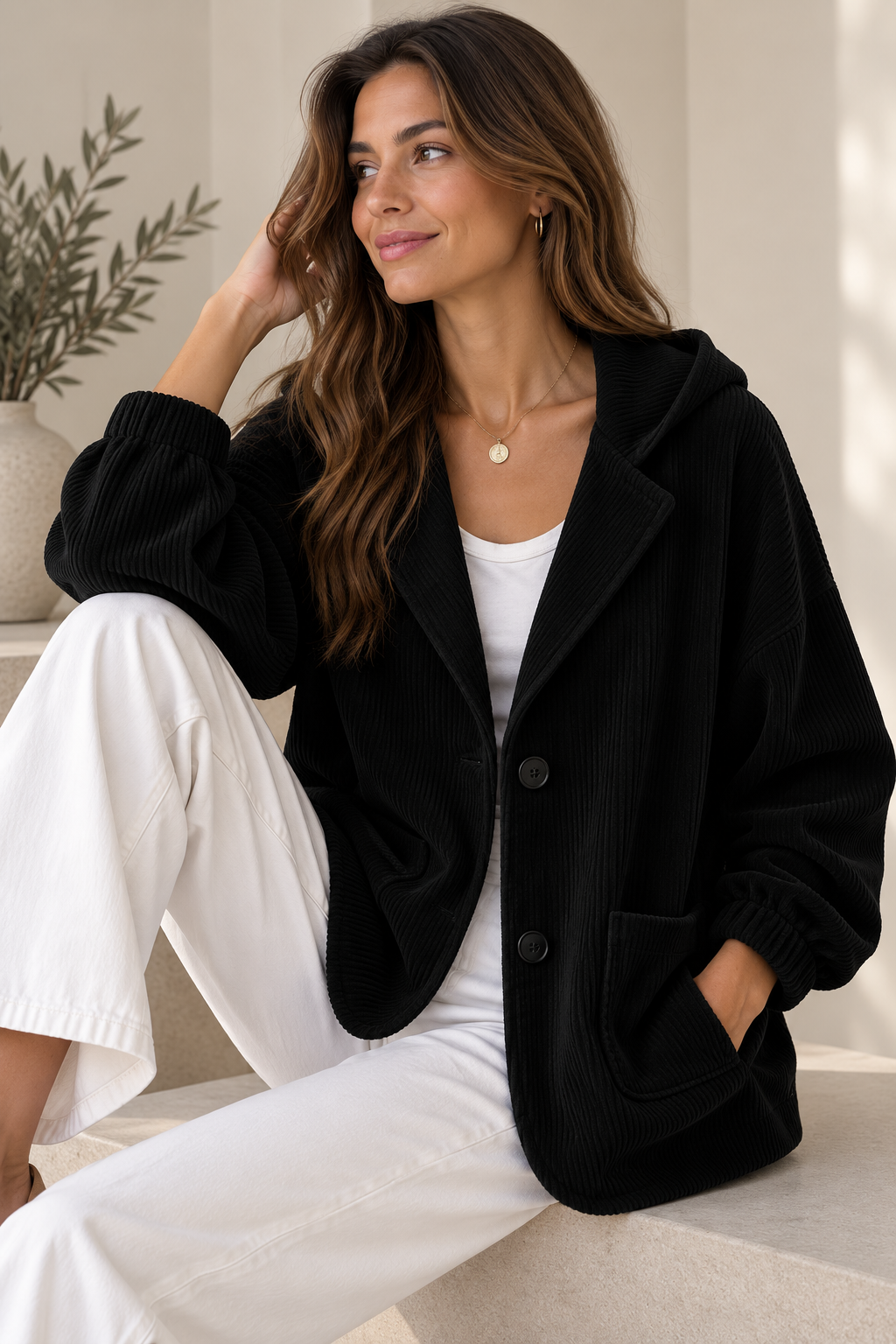 Marguerite oversized hooded corduroy jacket in olive green, front view