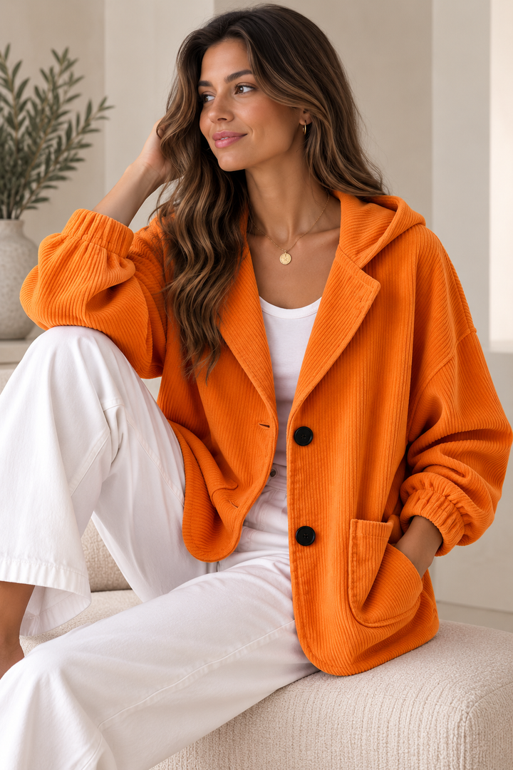 Marguerite oversized hooded corduroy jacket in olive green, front view