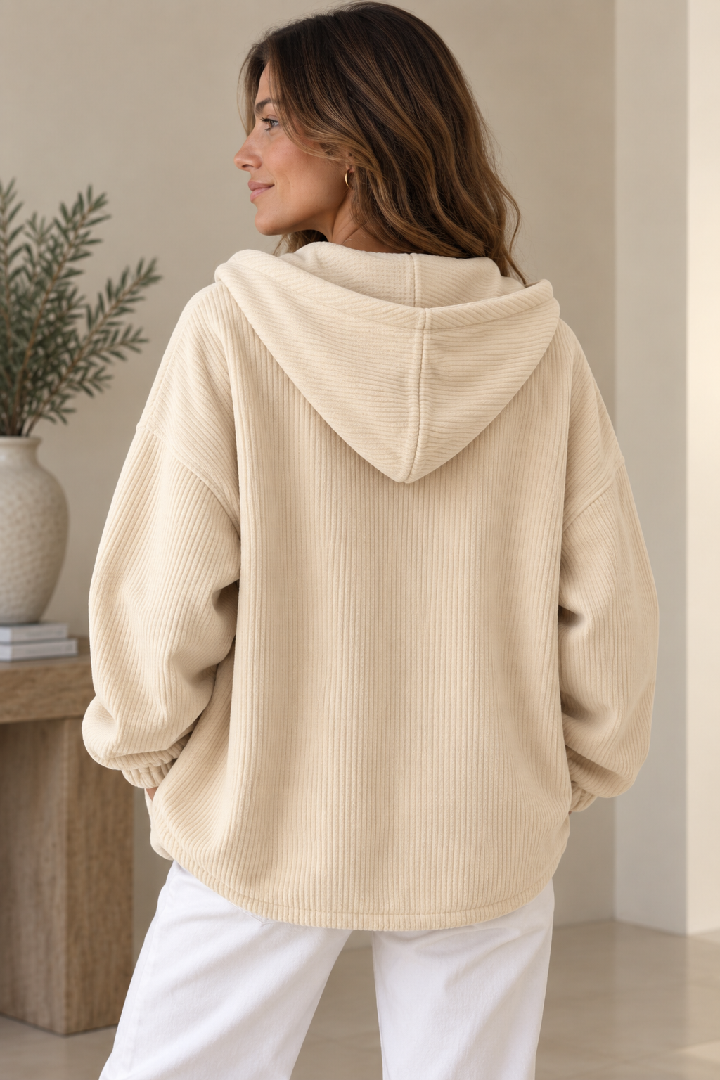 Marguerite oversized hooded corduroy jacket in olive green, front view