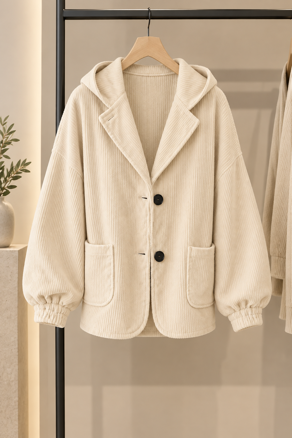 Marguerite oversized hooded corduroy jacket in olive green, front view
