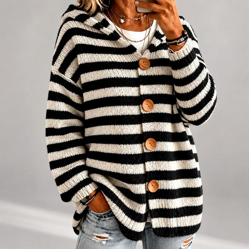Odalina oversized hooded striped cardigan in black and white, front view with buttons