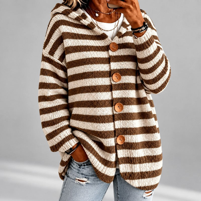Odalina oversized hooded striped cardigan in brown and cream, close-up front view