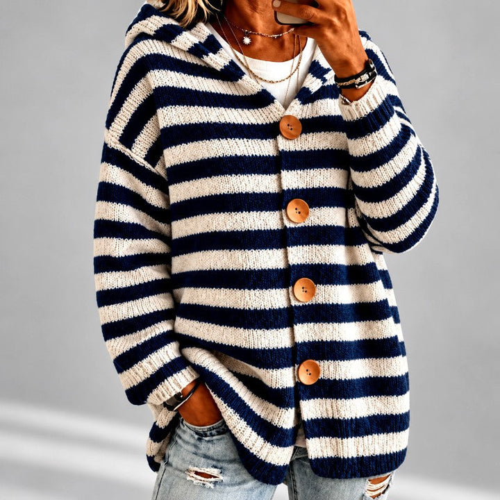 Odalina oversized hooded striped cardigan in navy and white, front view