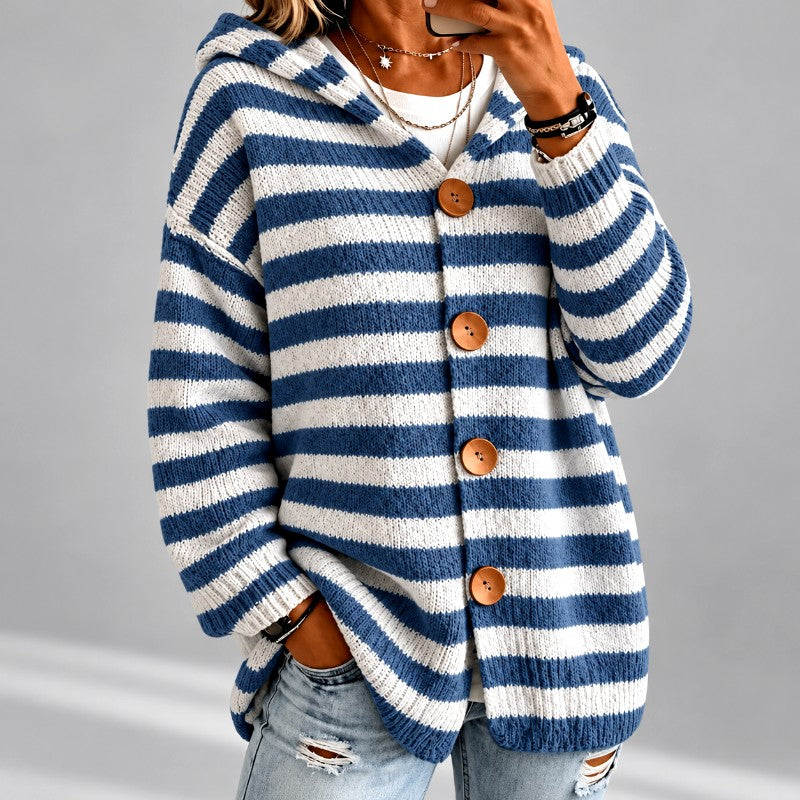 Odalina oversized hooded striped cardigan in blue and white, front view