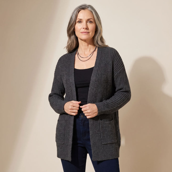 Marcelina long open-front cardigan worn over casual outfit, front view