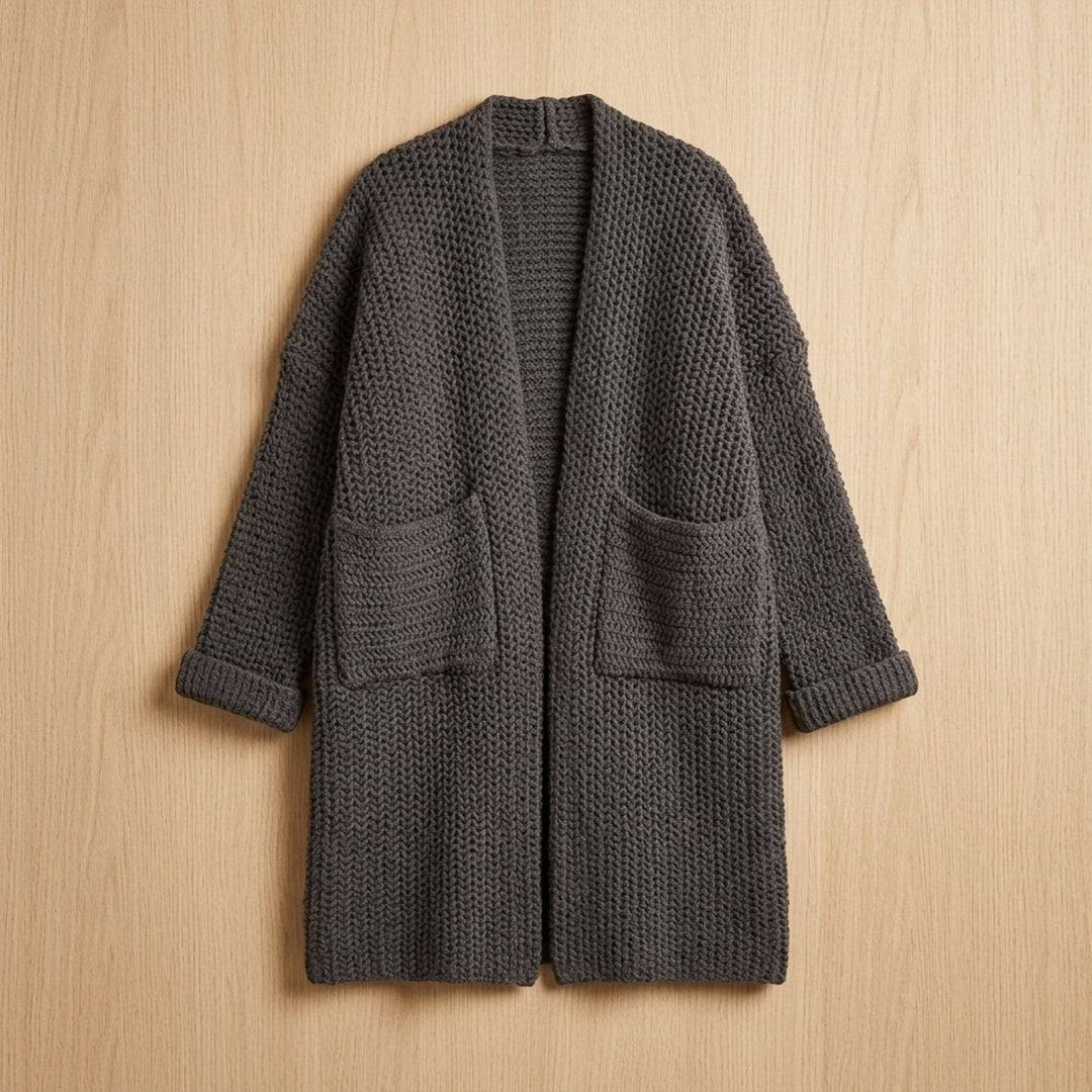 Marcelina long open-front cardigan worn over casual outfit, front view