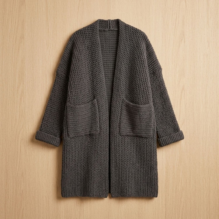 Marcelina long open-front cardigan worn over casual outfit, front view