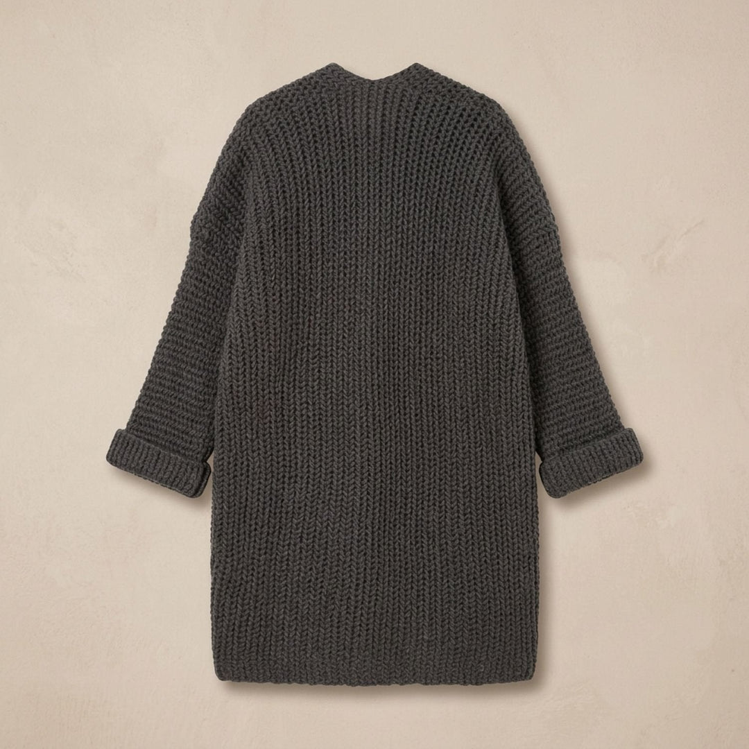 Marcelina long open-front cardigan worn over casual outfit, front view