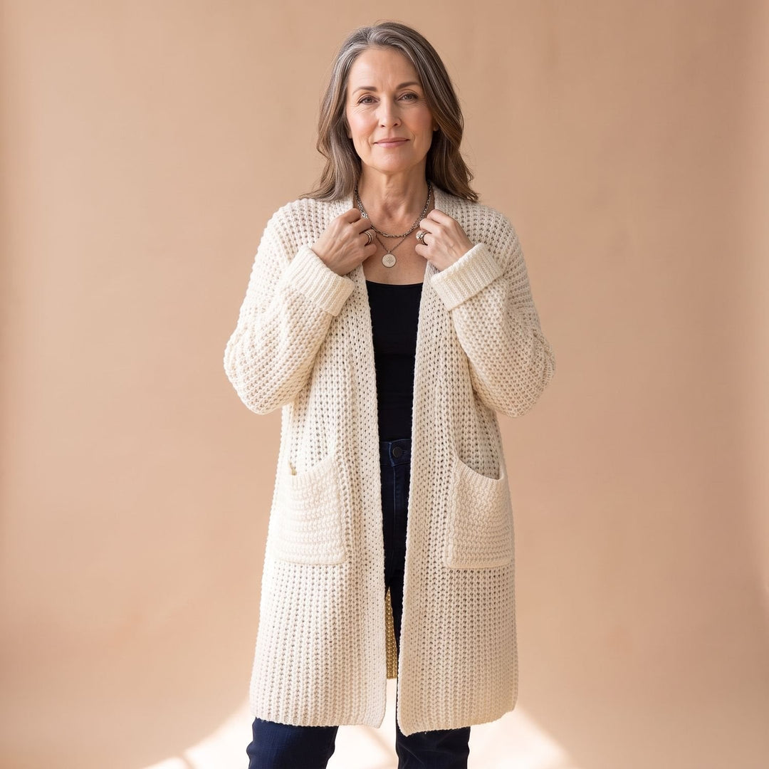 Marcelina long open-front cardigan worn over casual outfit, front view