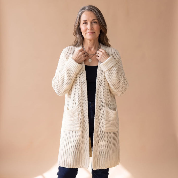 Marcelina long open-front cardigan worn over casual outfit, front view