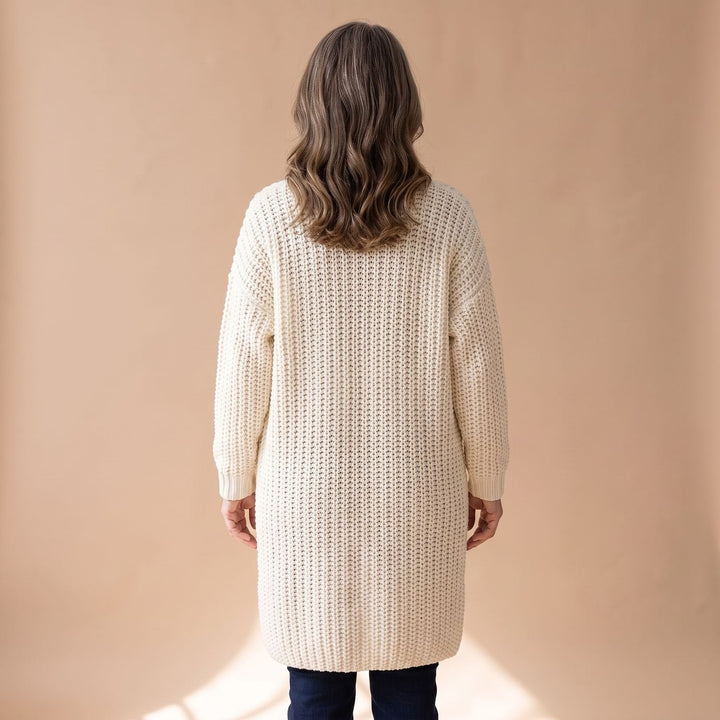 Marcelina long open-front cardigan worn over casual outfit, front view