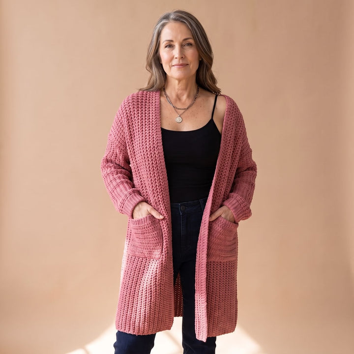 Marcelina oversized cardigan with patch pockets, front view close-up