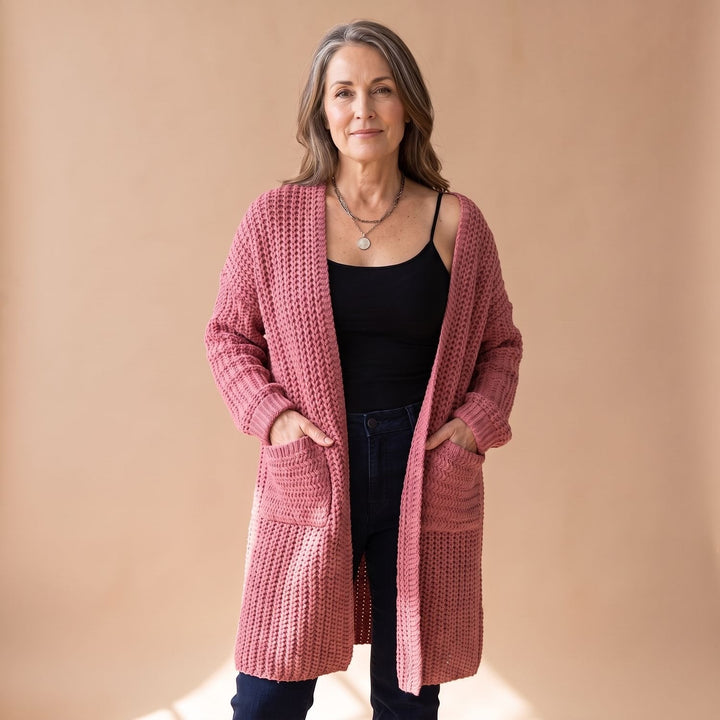 Marcelina long open-front cardigan worn over casual outfit, front view