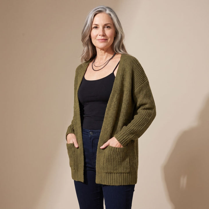 Marcelina long open-front cardigan worn over casual outfit, front view
