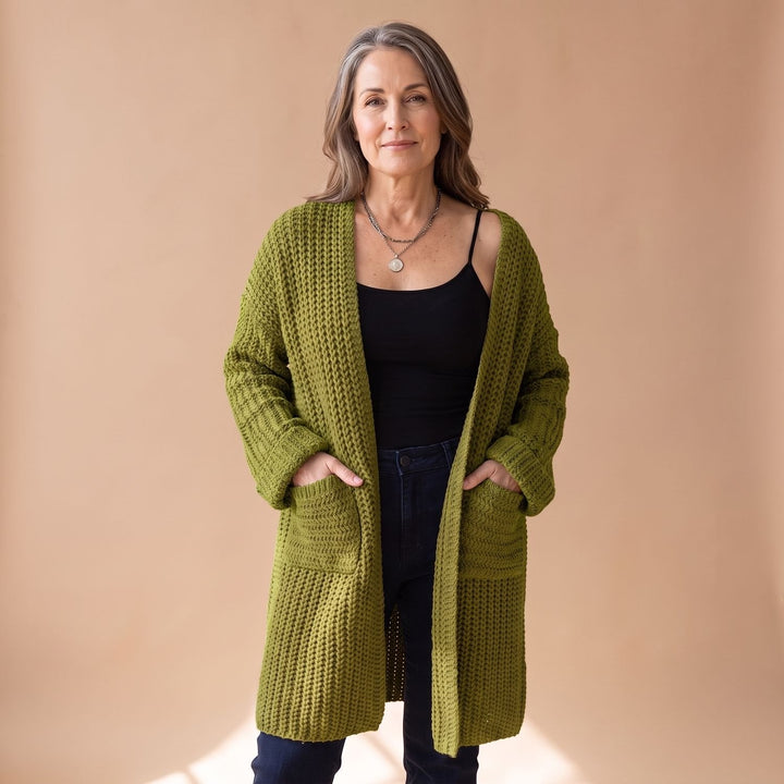 Marcelina long open-front cardigan worn over casual outfit, front view