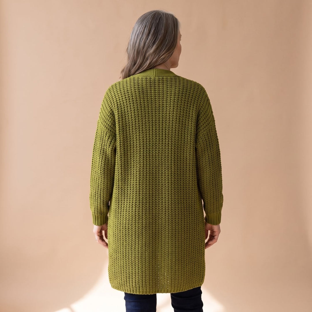 Marcelina long open-front cardigan worn over casual outfit, front view