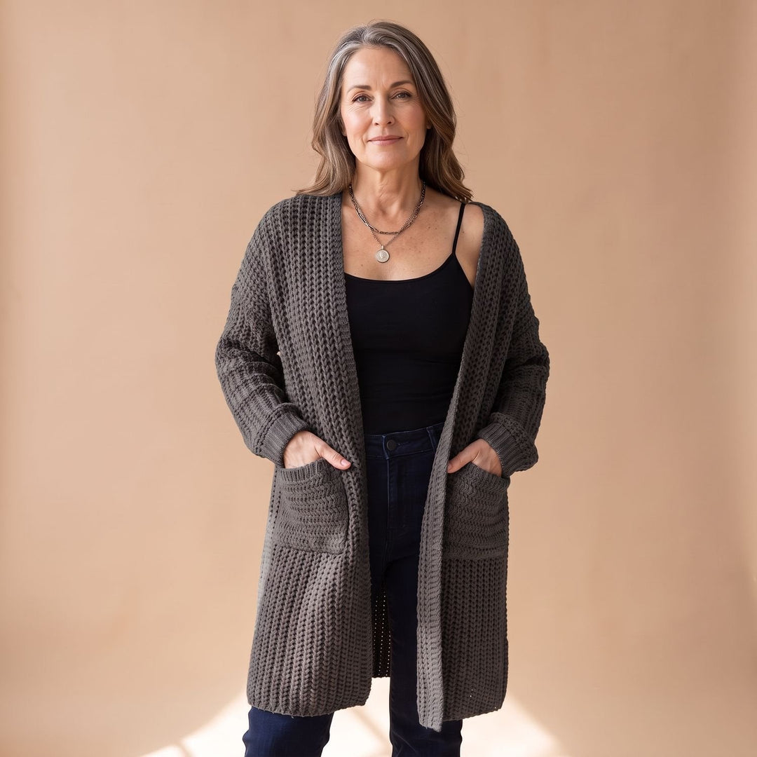 Marcelina long open-front cardigan worn over casual outfit, front view