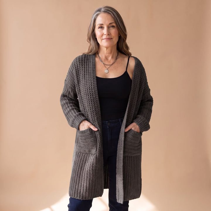 Marcelina long open-front cardigan worn over casual outfit, front view