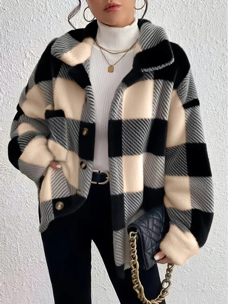 Marcella oversized plaid shacket with gold button closure, front view