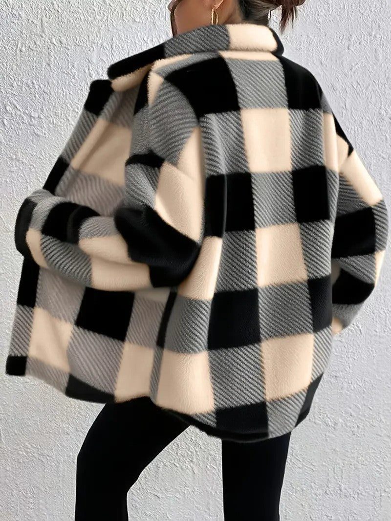 Marcella oversized plaid shacket, back view showing relaxed fit