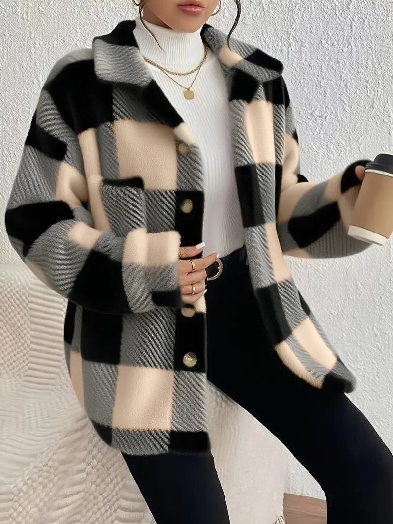Marcella checkered shacket styled with ribbed turtleneck, front view