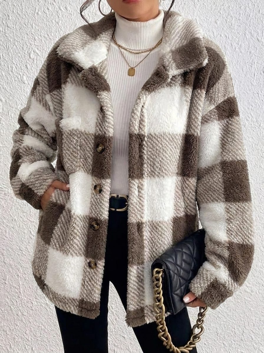 Marcella plush check shacket in brown and cream colorway, front view