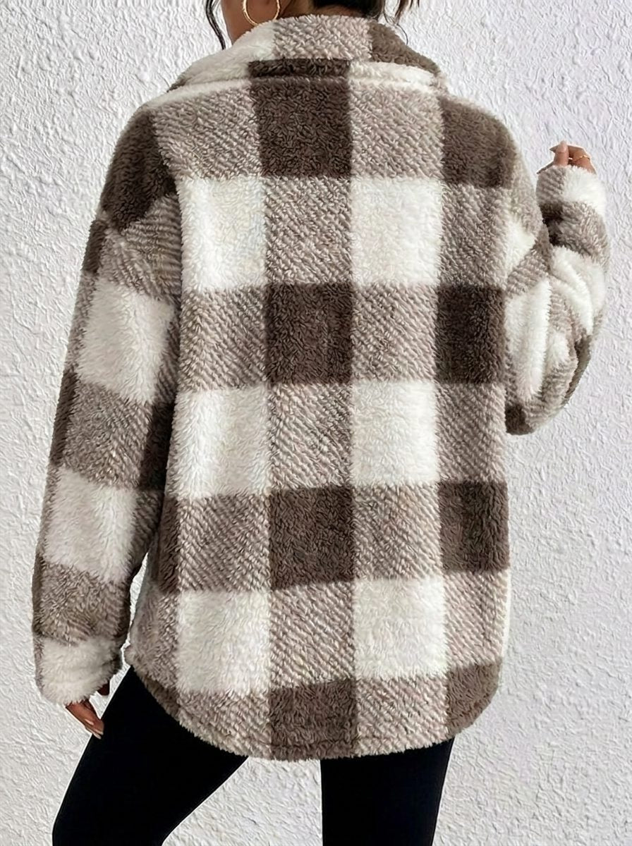 Marcella plush check shacket in brown and cream colorway, front view