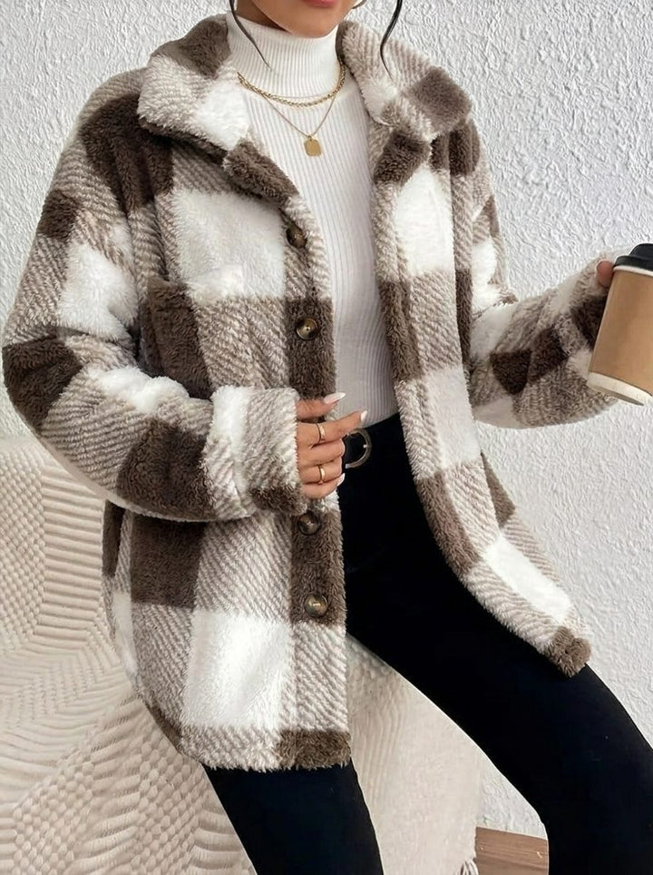 Marcella plush check shacket in brown and cream colorway, front view