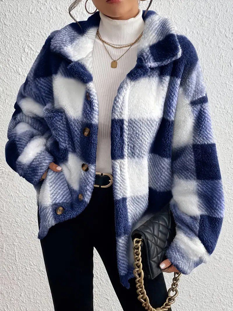 Marcella plush check shacket in brown and cream colorway, front view
