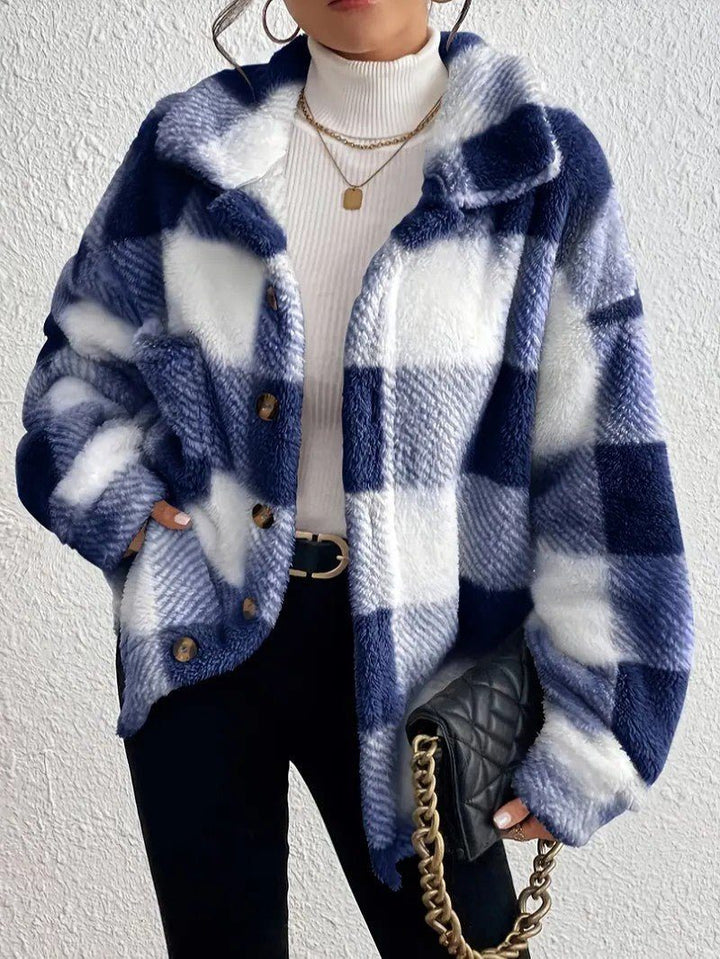 Marcella plush check shacket in brown and cream colorway, front view