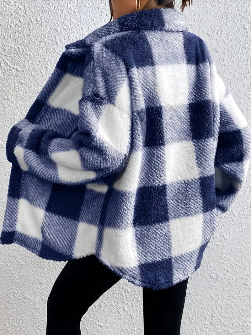 Marcella plush check shacket in brown and cream colorway, front view