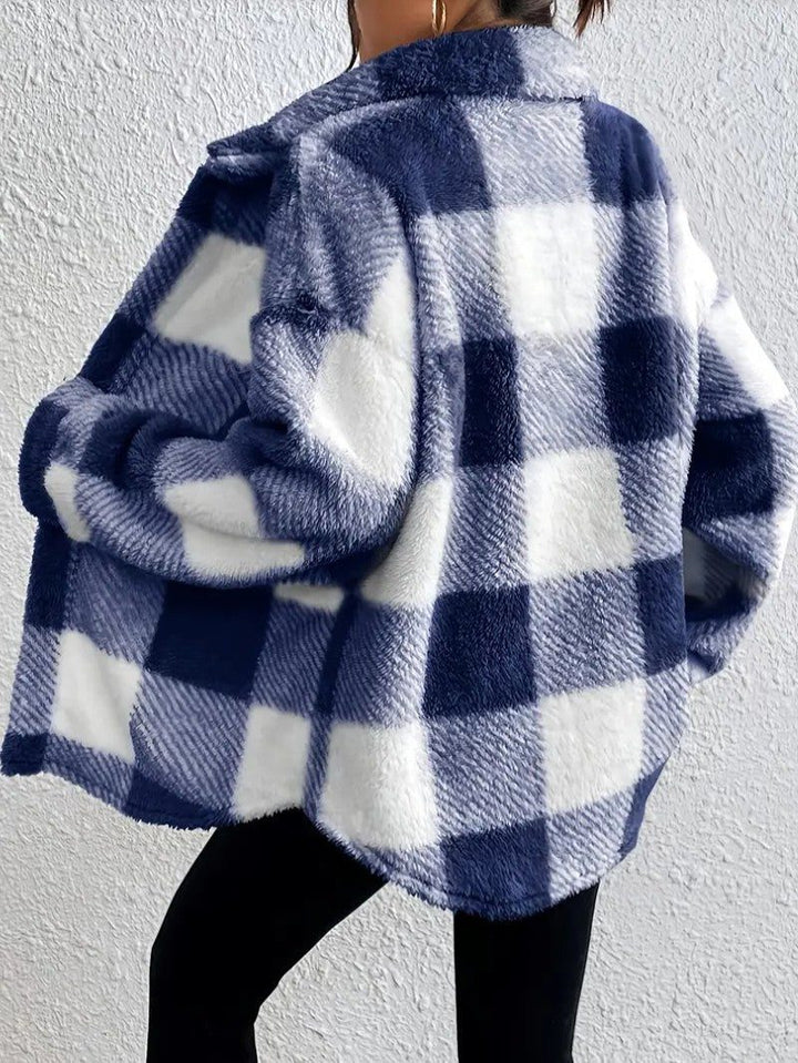 Marcella plush check shacket in brown and cream colorway, front view